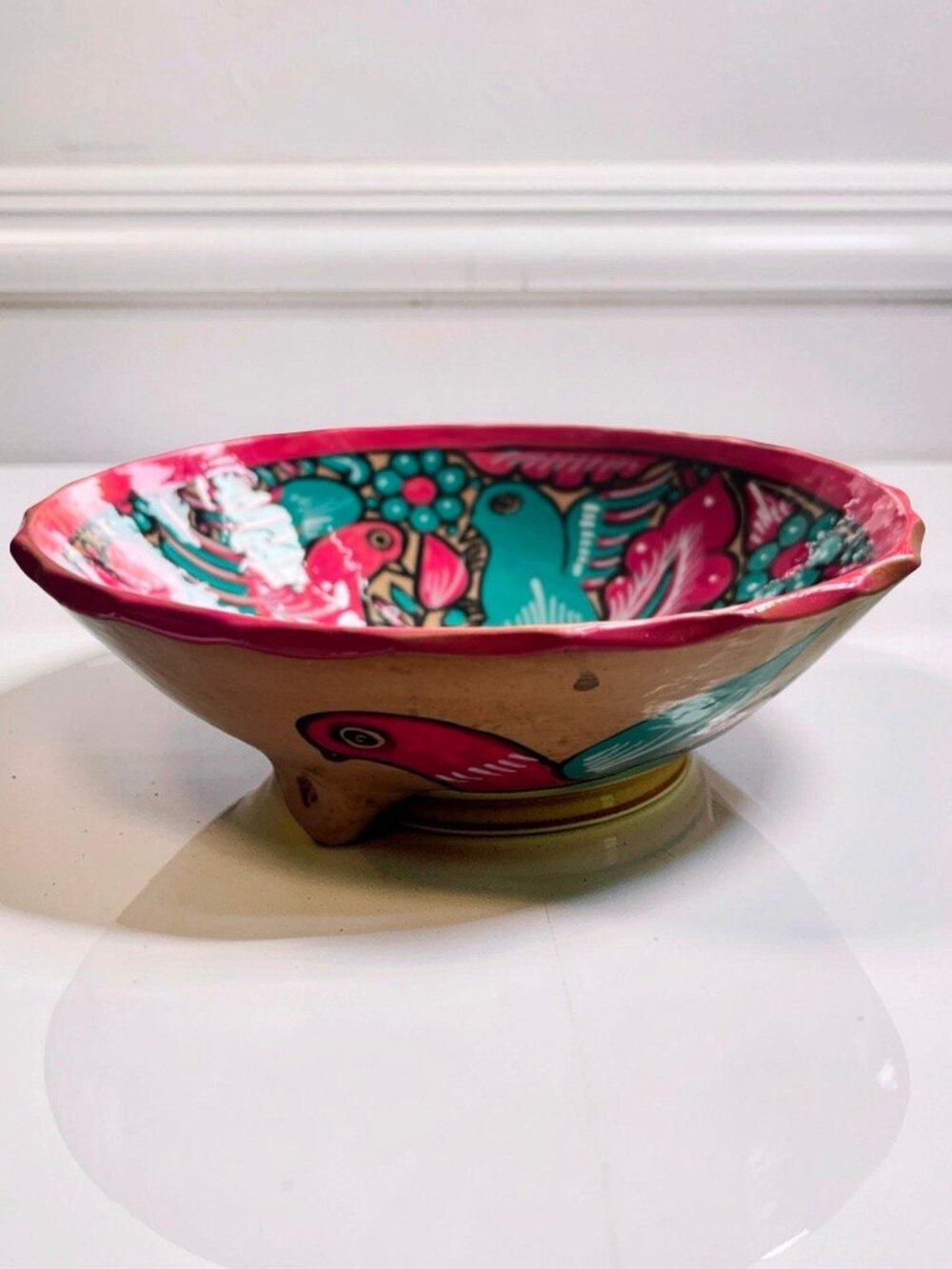 Vintage Mexican Talavera Pottery Footed Bowl Centerpiece Display Pink Green Bird